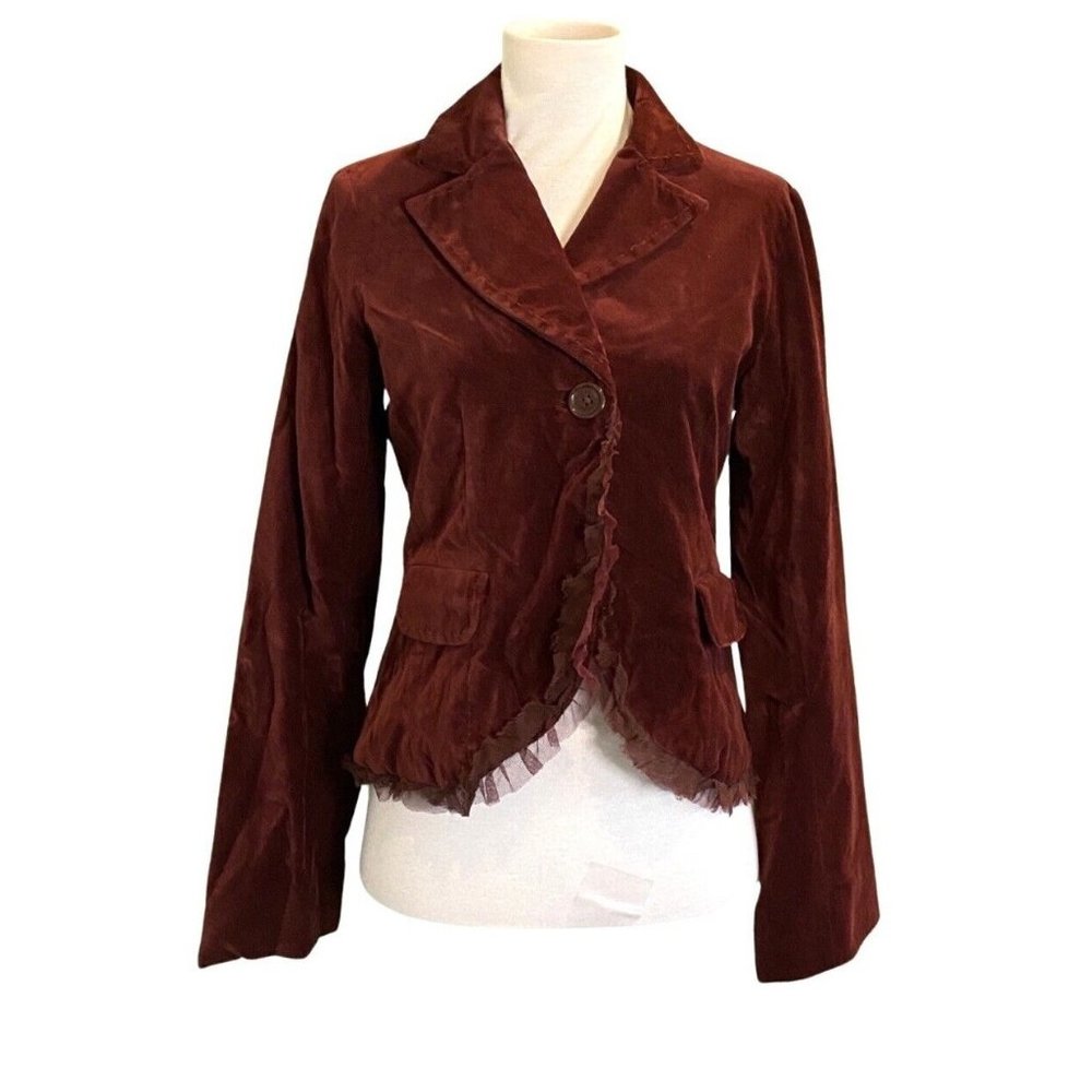 Anthropologie Odille Notched Collar Ruffle Trim Rust Velvet Blazer Size 4 - Picture 1 of 5